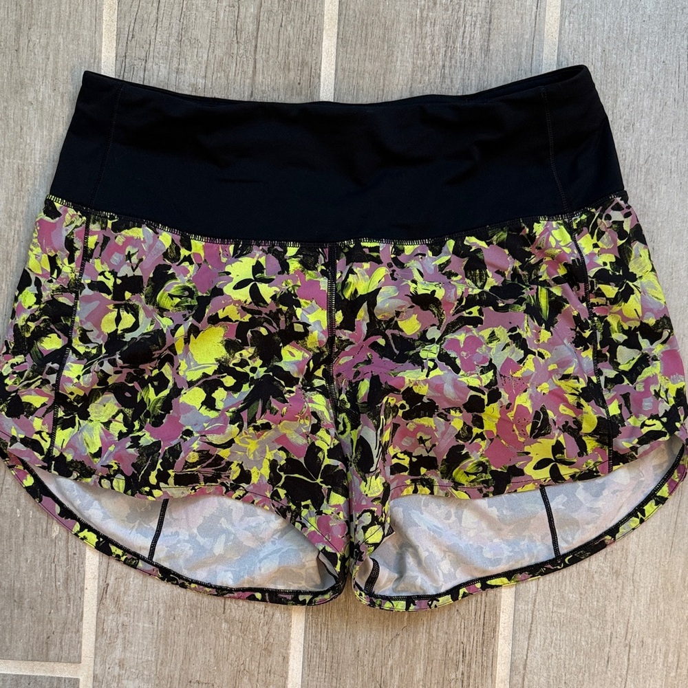 Lululemon Athletica Black and Yellow Floral Speed Up Athletic Shorts